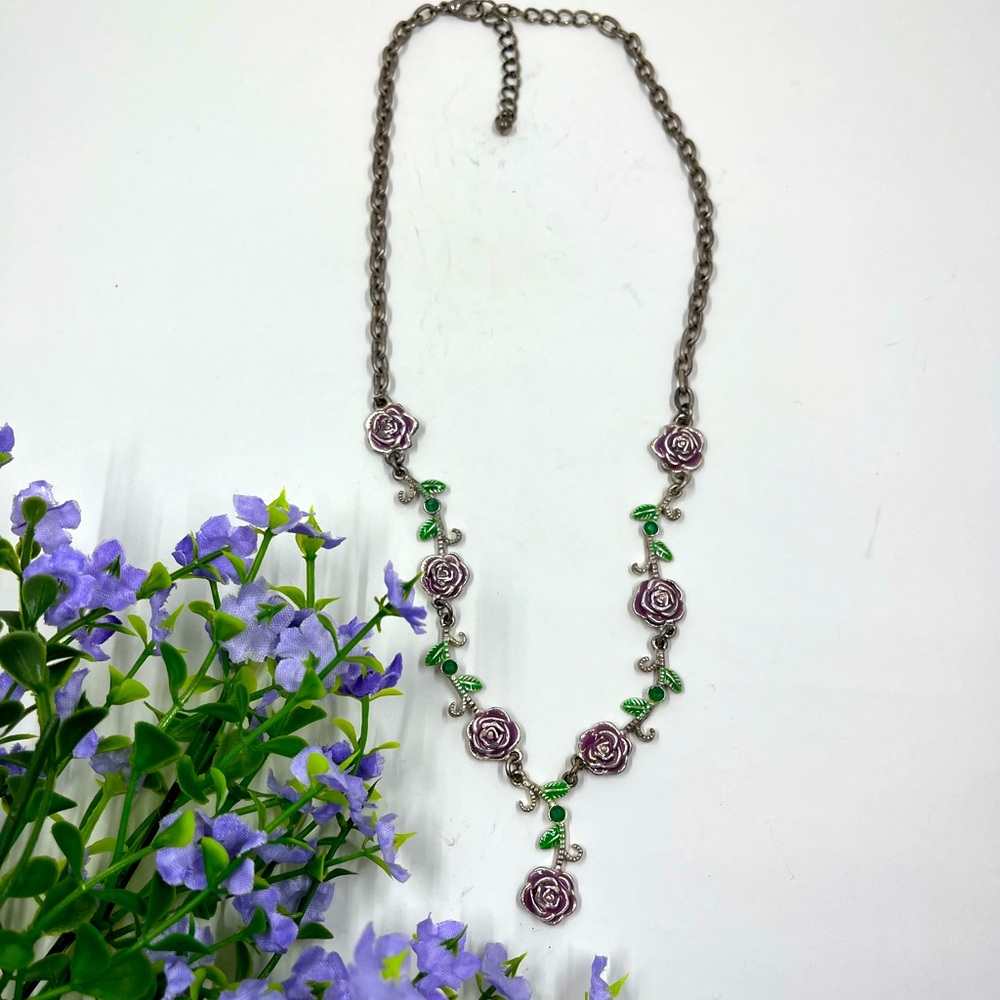 Rose Enamel and Crystal Vintage Y Shaped Necklace